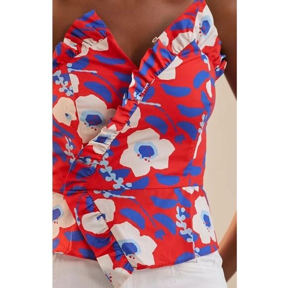 Hutch Womens Floral Wrap Top Red Blue White Sleeveless Ruffle V-Neck Size S - Picture 1 of 13